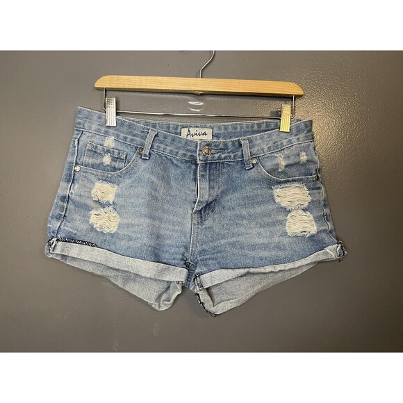 Aviva Pants - Aviva Denim Shorts Juniors 9 Blue Distressed Rolled Cuff Frayed Hem Casual